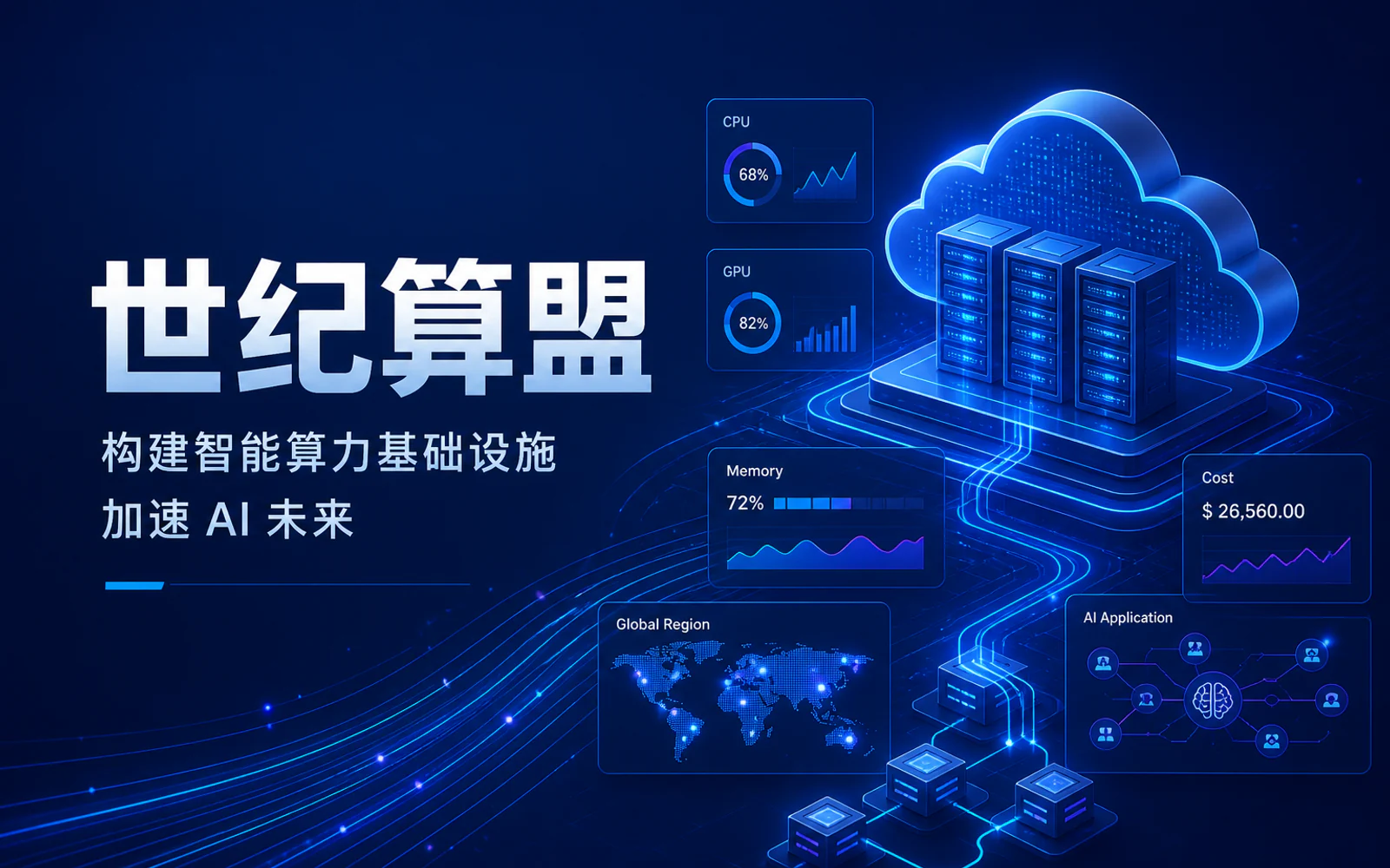 展示AI应用海外云服务器CPU、GPU、内存和成本监控的云基础设施界面