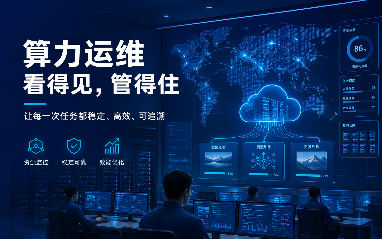 工程师在云计算运维室查看GPU服务器、全球网络和AI任务流程